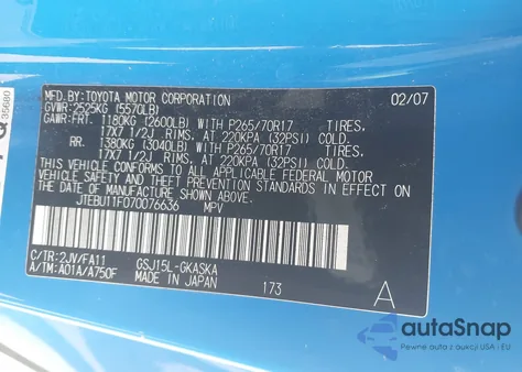 2007 Toyota Fj Cruiser из США, поврежденный, VIN JTEBU11F070076636